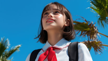 Happy schoolgirl looking up at the sky on a sunny dayの素材