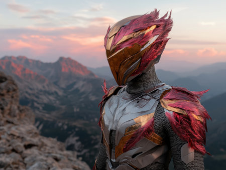 Futuristic knight in crimson and gold armor stands on a mountain peak at sunsetの素材