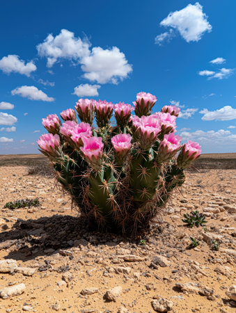 Pink flowering cactus in the desert under a bright blue skyの素材