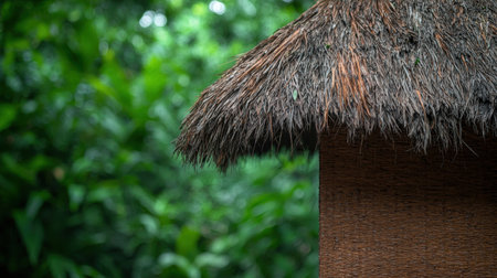 Thatched roof hut in lush green tropical forestの素材