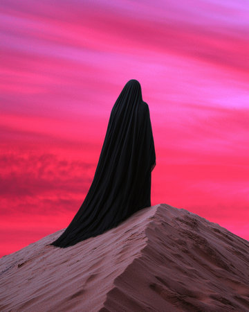 Mysterious figure in black robe on a sand dune at sunsetの素材