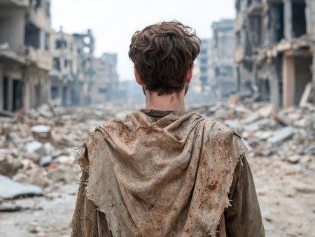 Refugee man in war-torn city looking towards the futureの素材