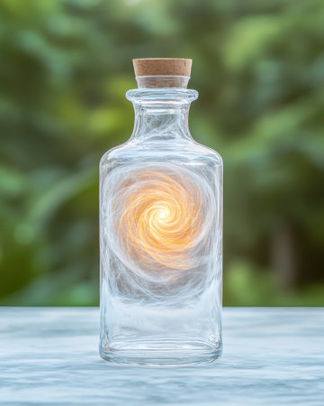 Glass bottle with a swirling galaxy inside, cork top, on a tableの素材