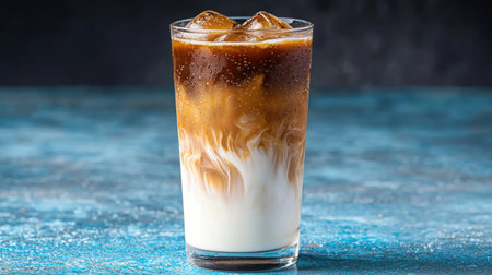 Iced latte coffee drink in a glass with ice cubesの素材