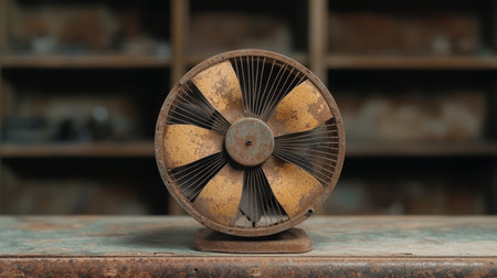 Rusty old vintage metal fan on a weathered tableの素材
