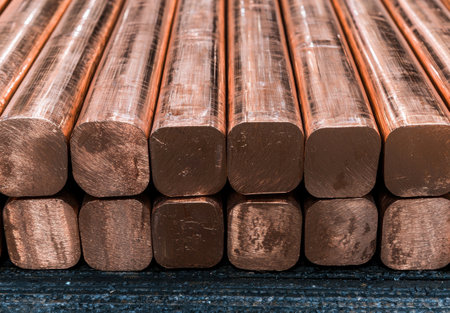 Close-up of stacked copper bars in a warehouseの素材