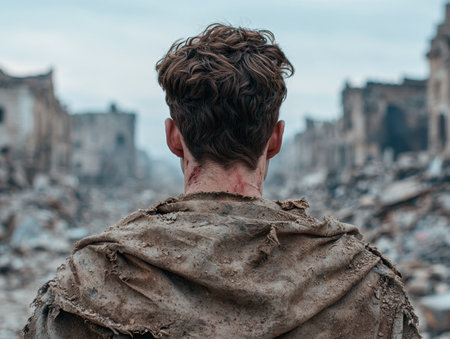 Muddy soldier surveys the war-torn landscapeの素材