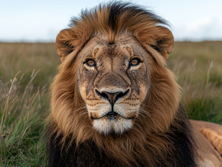 Majestic African lion staring intensely at the camera in the savanna.の素材