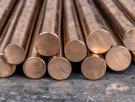 Close-up of bronze rods, industrial metal material textureの素材