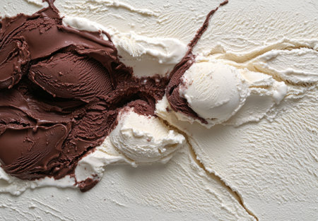Close-up of melted chocolate and vanilla ice cream scoops.の素材