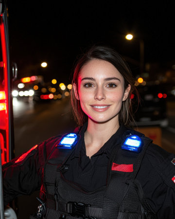 Smiling female emergency responder at nightの素材