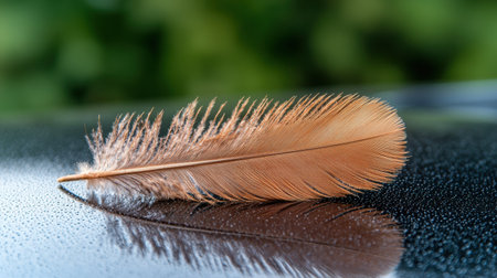 Single brown feather on a wet black surface with reflectionの素材