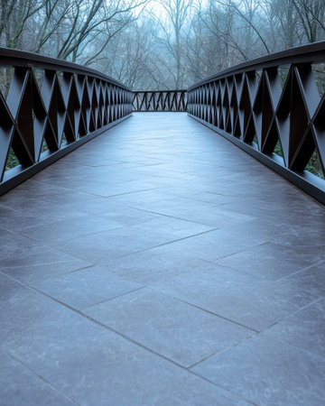 Modern bridge walkway through winter treesの素材