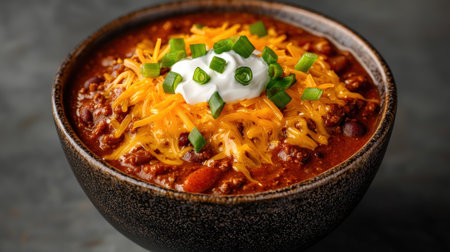 Close-up of a bowl of hearty chili topped with shredded cheese, sour cream, and green onions.の素材