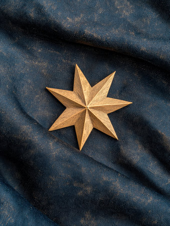 Wooden star on blue jeans background. Flat lay, top view.の素材