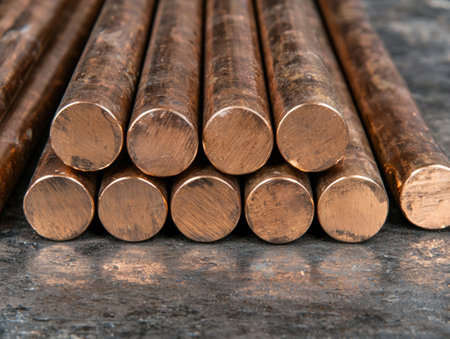 Close-up of stacked copper rods, industrial metal materialの素材