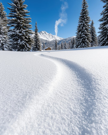 Winter wonderland: snowy path leading to a cozy cabin in the mountainsの素材