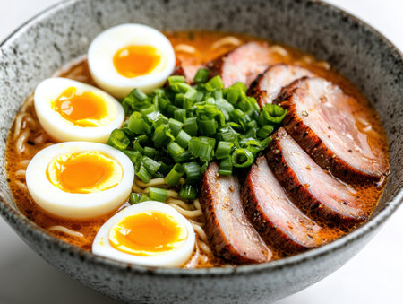 Delicious ramen bowl with chashu pork, soft boiled eggs, and green onionsの素材
