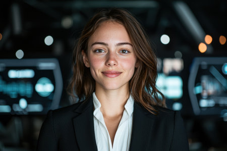Confident businesswoman smiling in modern office.の素材
