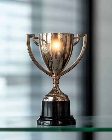 Golden trophy award on glass table in modern office.の素材