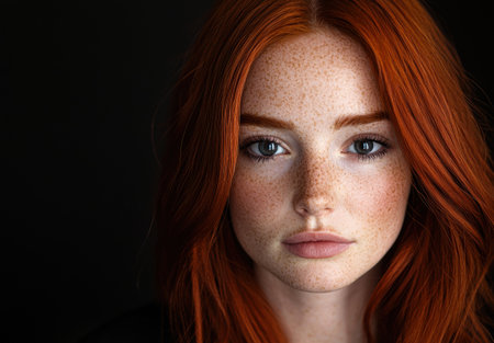 Close-up portrait of a beautiful freckled redhead woman with long flowing hair.の素材