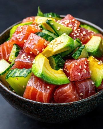 Delicious poke bowl with fresh salmon, avocado, and cucumberの素材