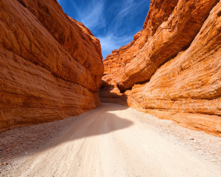 Sandy road through a red rock canyon under a blue skyの素材