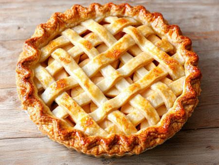 Delicious golden-brown apple pie with a lattice crust, freshly bakedの素材