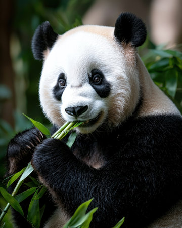 Adorable giant panda eating bamboo in lush green forestの素材