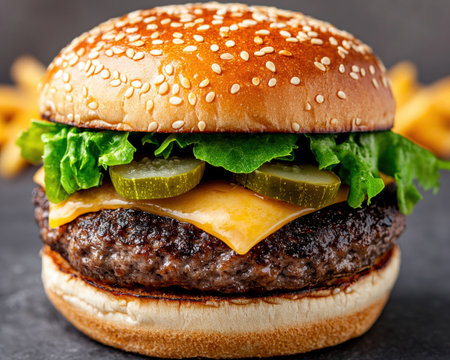 Juicy Cheeseburger with Lettuce, Pickles, and Sesame Seed Bunの素材