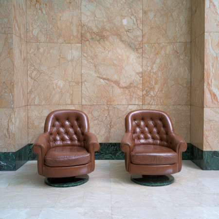 Two leather armchairs in a lobby with a marble tile wall.の素材