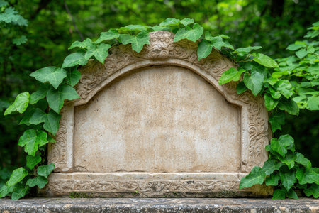 Blank stone plaque overgrown with ivy, perfect for your message.の素材