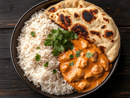 Delicious butter chicken with rice and naan breadの素材