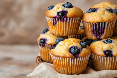 Delicious blueberry muffins stacked in a basketの素材