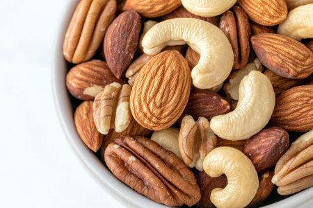 Close-up of a bowl of mixed nuts, including almonds, cashews, and pecans.の素材