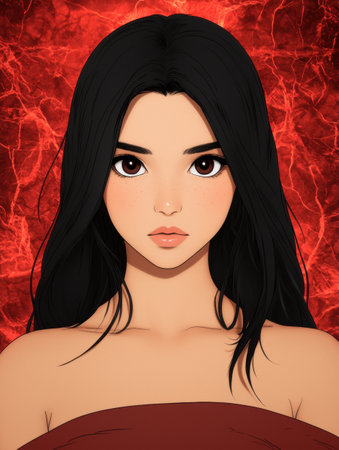 Portrait of a beautiful anime girl with long black hair against a fiery backgroundの素材