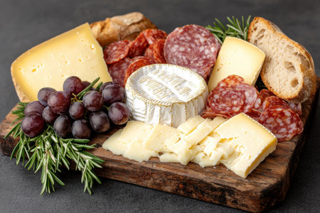 Delicious cheese and charcuterie board with grapes and rosemaryの素材