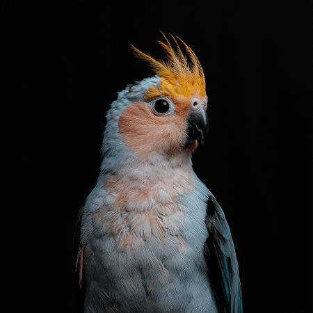 Close-up portrait of a pastel-colored cockatiel parrot against a black backgroundの素材