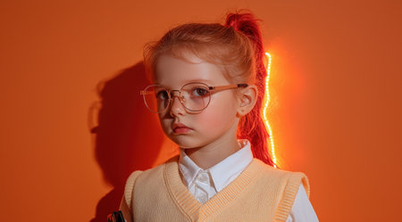 Portrait of a cute little girl wearing glasses against an orange background.の素材