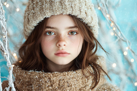 Winter portrait of a girl in a warm hat and scarf, snowy background.の素材
