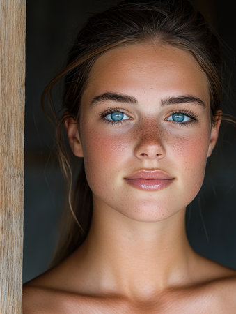 Close-up portrait of a young woman with freckles and blue eyesの素材