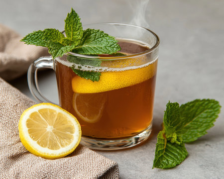 Hot lemon and mint tea in a glass mugの素材