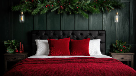 Cozy Christmas bedroom with red velvet pillows and throw blanketの素材