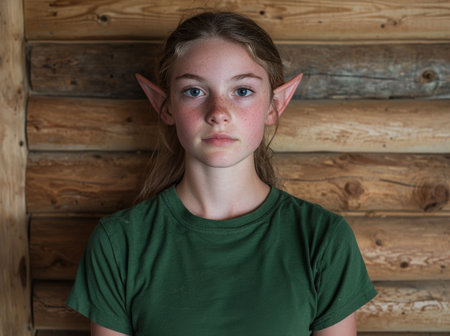 Portrait of a young girl with elf ears against a wooden backgroundの素材