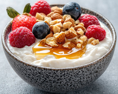 Healthy yogurt parfait with berries, almonds, and honeyの素材