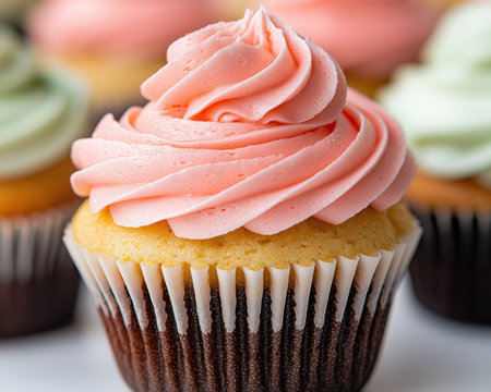 Close-up of a delicious pink frosted cupcake with blurred background of other cupcakesの素材