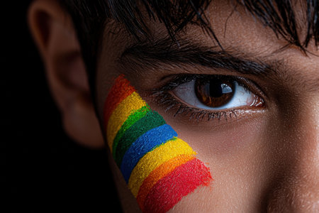 Close-up of a person's eye with a rainbow painted on their cheek, showing pride and support for the lgbtq+ community.の素材