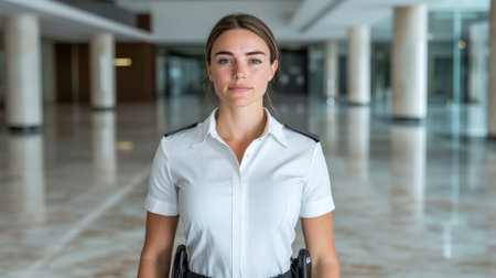 Confident female security guard standing in a modern buildingの素材
