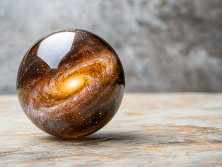 Glass ball with swirling galaxy inside on wooden surfaceの素材