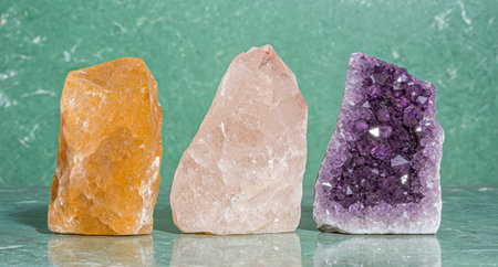 Three vibrant chakra crystals: carnelian, rose quartz, and amethyst, arranged on a green background.の素材